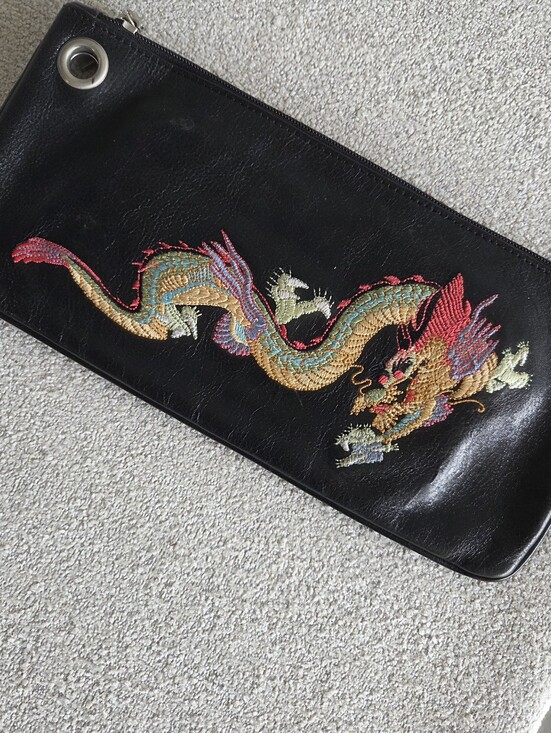 HOBO Handbags - HOBO International Black Leather Dragon Embroidered Zipper Clutch Wallet Vtg